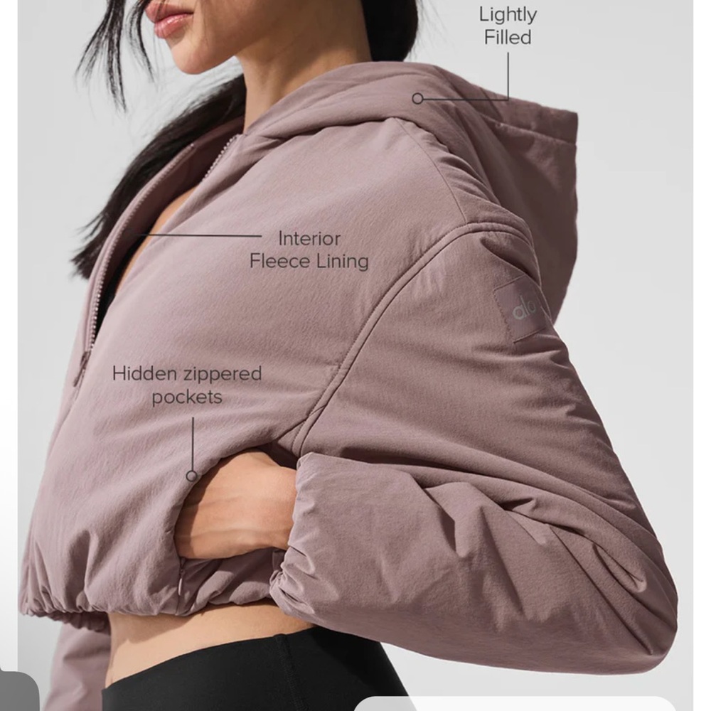 Alo Cropped Mountain Peak Full-Zip Hoodie color mushroom - Picture 2 of 10